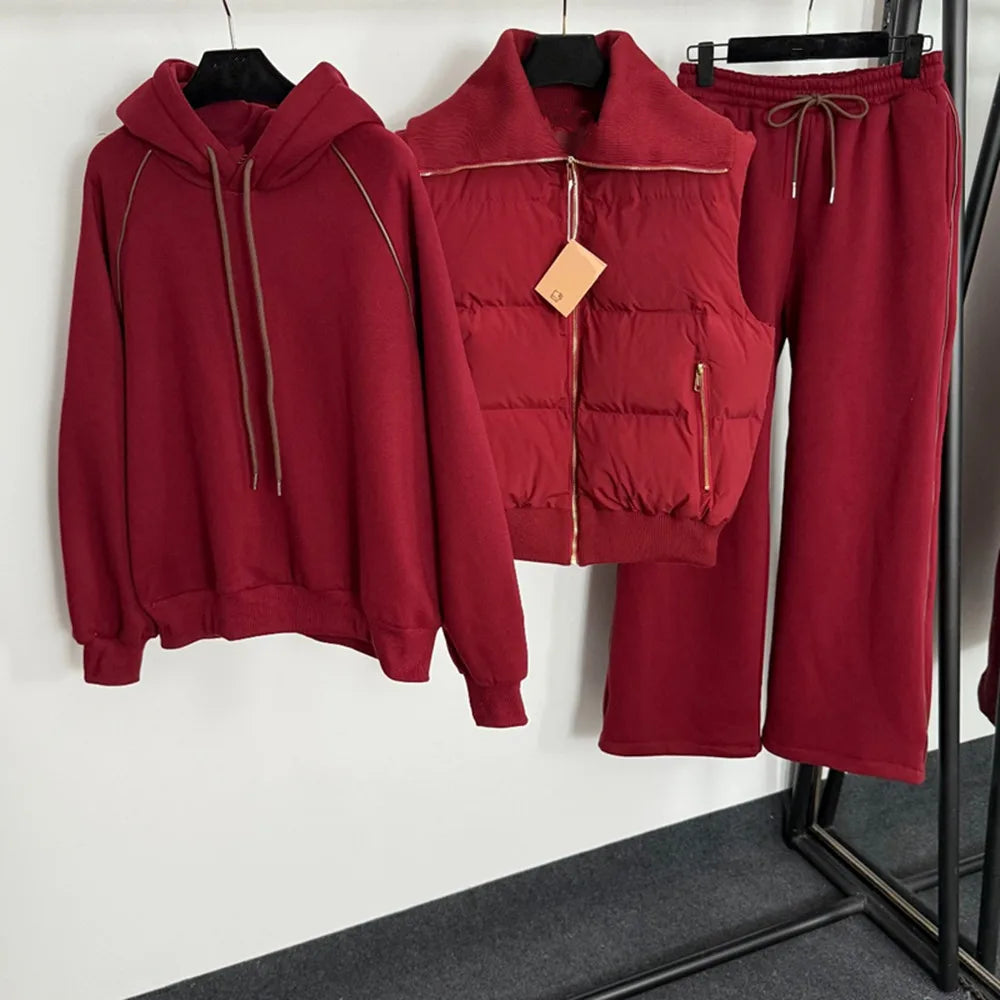 Women's new warm three piece set cotton jacket vest jacket+long sleeved hooded fleece hoodie+straight casual pants