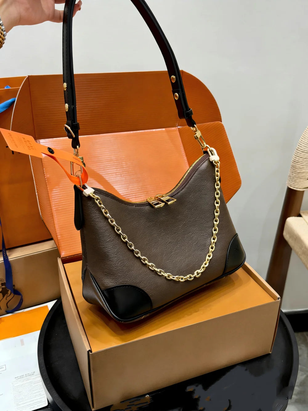 Women's Brown & Black Leather Hobo Bag - Gold Chain Detail Metal Buckle Adjustable Strap Office Shoulder Purse