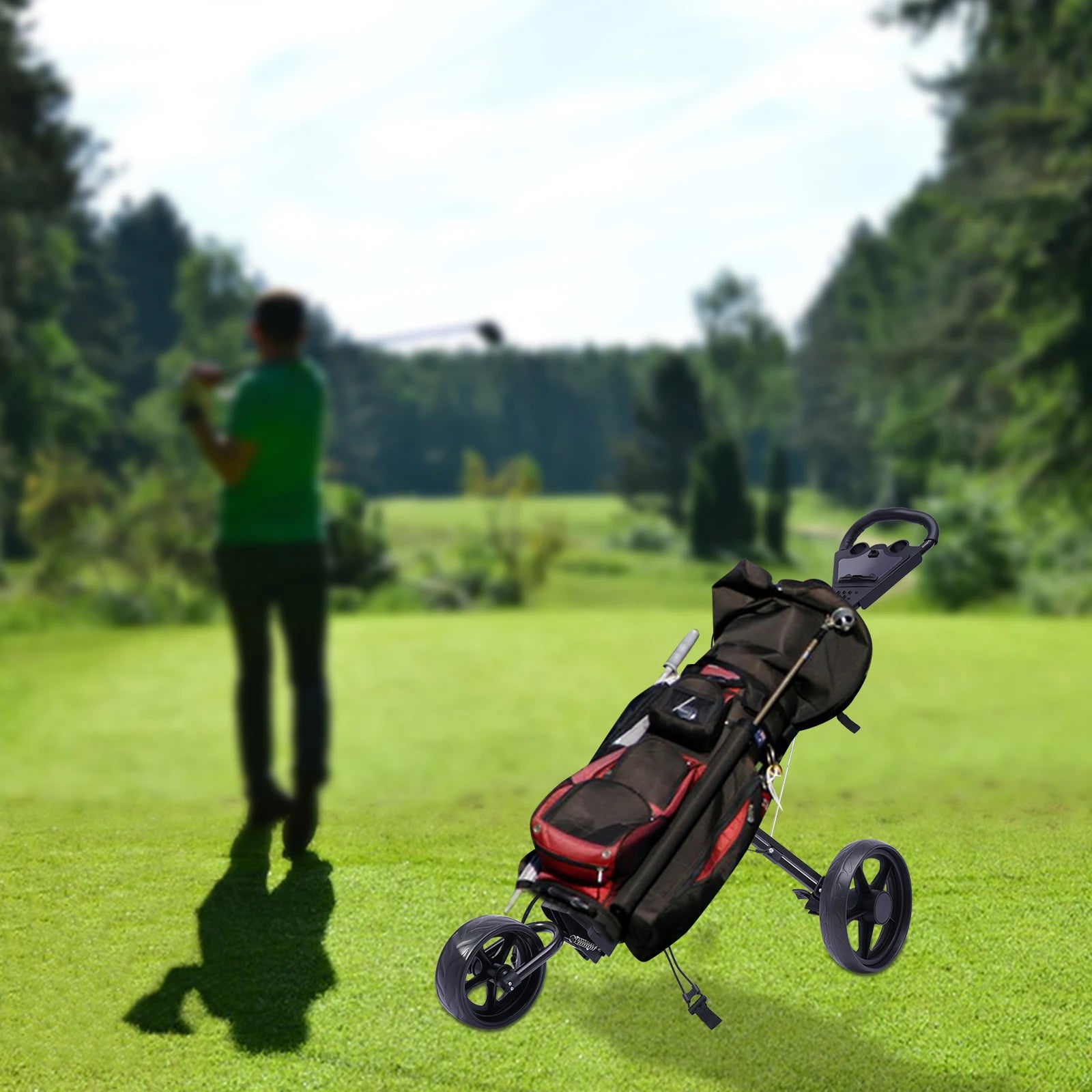 Golf Push Cart 3-Wheel Foldable Golf Trolley with 2 Ball Holes Cup Holder Multi-Function Display & Dual Brakes Adjustable Strap