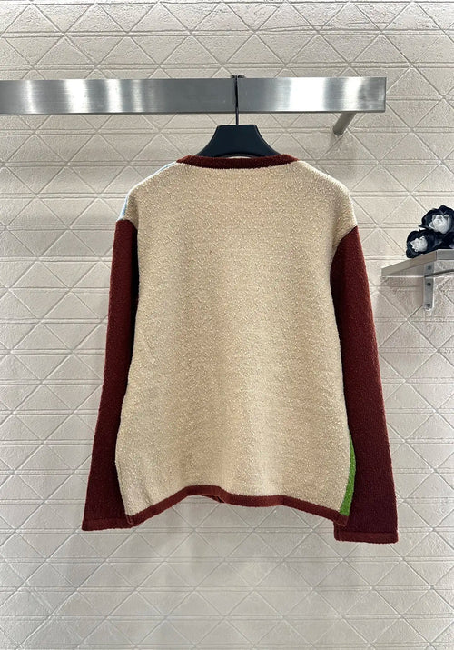 2025 New Arrivals Colorblock Cartoon Knitted Cardigan Wool Yarn Knitted Round Neck Lace-up Cardigan Asymmetrical Color Block