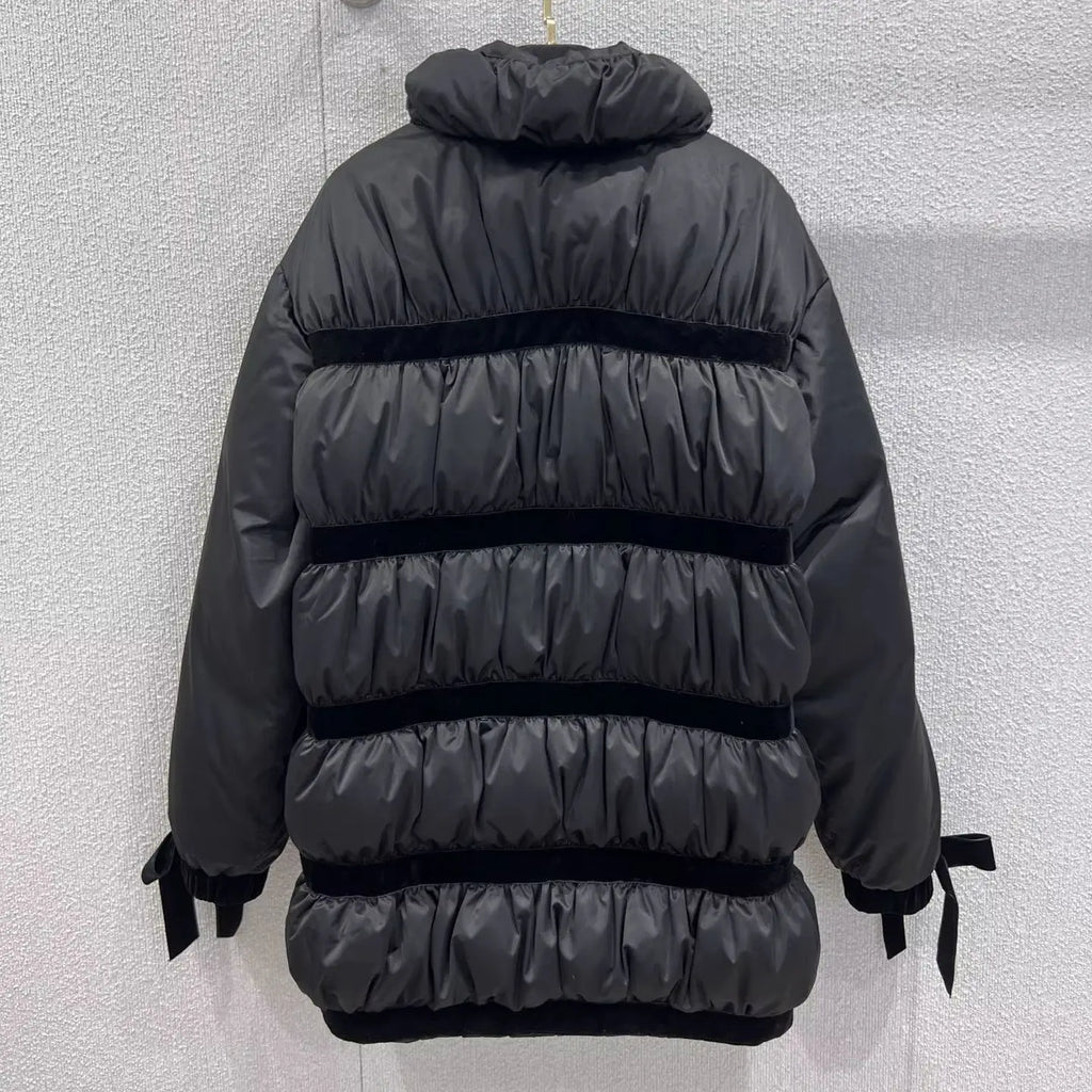 2025 High-End Handmade New Bow Long down Jacket with Matte Black Technology down Fabric, Stand-Up Collar Design and Velvet Bow