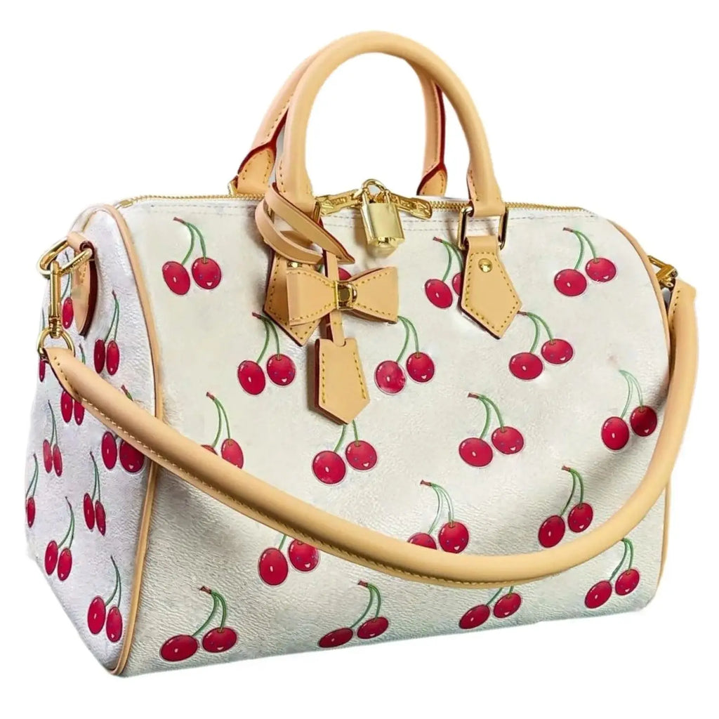 2025 Cherry Pattern Coated Canvas Denim Detachable Shoulder Strap Ladies Handbag Messenger Bag Shoulder Bag