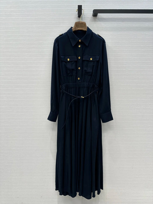 2025 New Metal Buckle Shoulder Temperament Lapel Belt Shirt Dresses 291