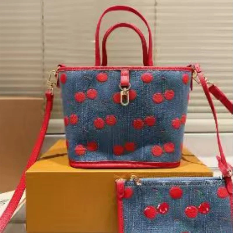 2025 Super Popular Series Denim Cherry Handbag Two-Piece Set Practical and Fashionable Light Portable Shopping Bag Style