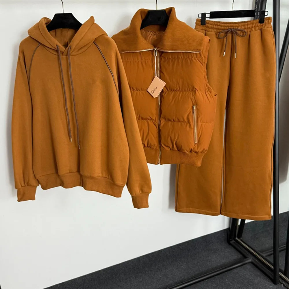 Women's new warm three piece set cotton jacket vest jacket+long sleeved hooded fleece hoodie+straight casual pants