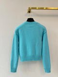 Women's Light Blue Cropped Knitted Sweater Design Fashion Crew Neck Long-Sleeve Top Luxury Brand Casual Streetwear Pullover