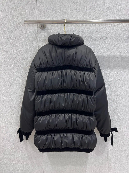 2025 High-End Handmade New Bow Long down Jacket with Matte Black Technology down Fabric, Stand-Up Collar Design and Velvet Bow