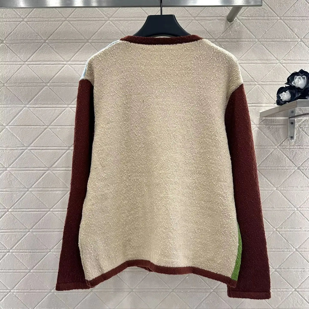 2025 New Arrivals Colorblock Cartoon Knitted Cardigan Wool Yarn Knitted Round Neck Lace-up Cardigan Asymmetrical Color Block