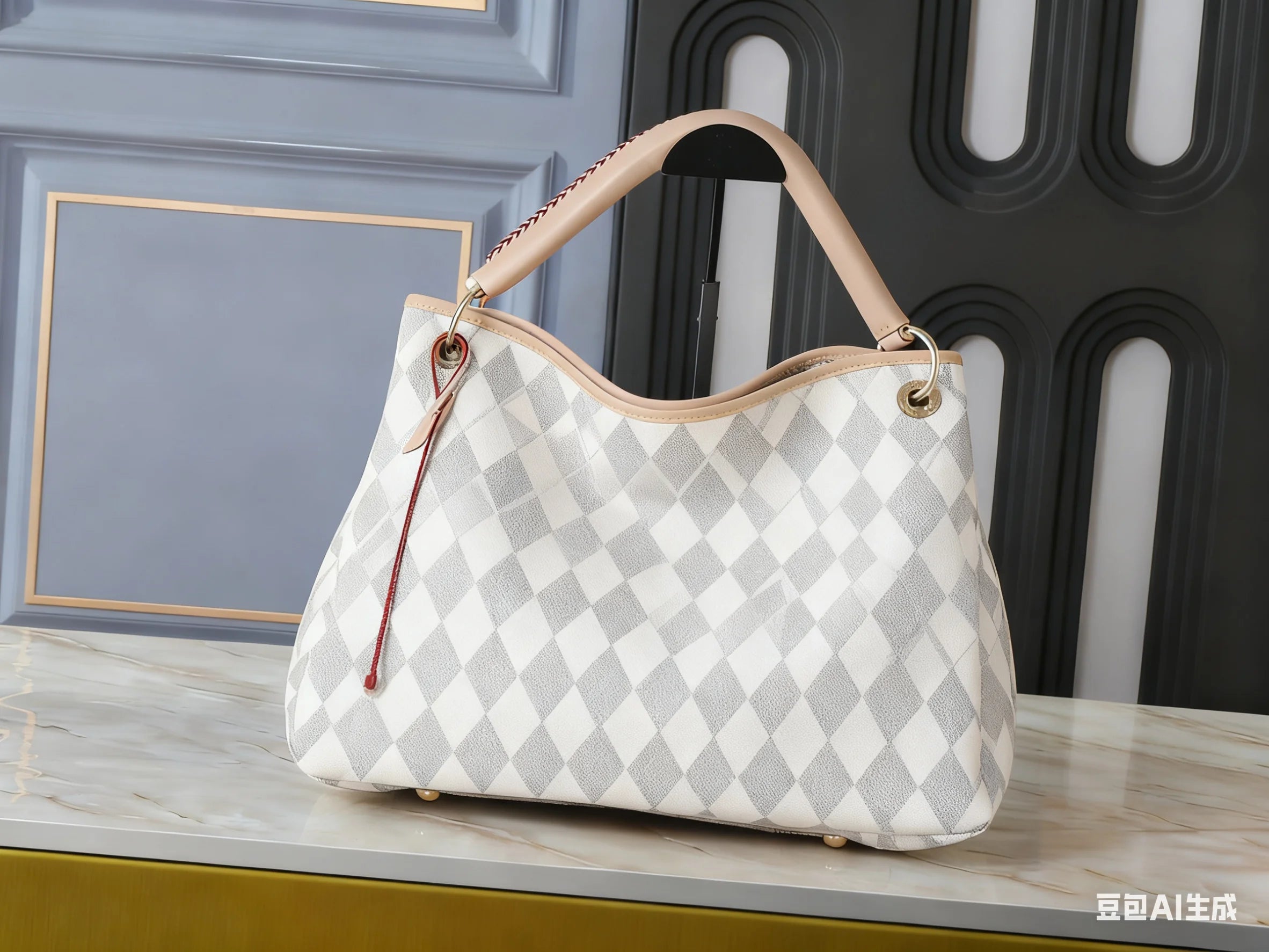 2025Women's White & Gray Checkered Tote Bag - Leather Handle Tassel Detail Large Capacity Shoulder Purse
