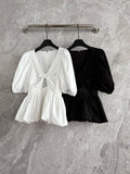 2025 New Water Grinding Craft Lace up V-neck Bubble Sleeve Shirt 188