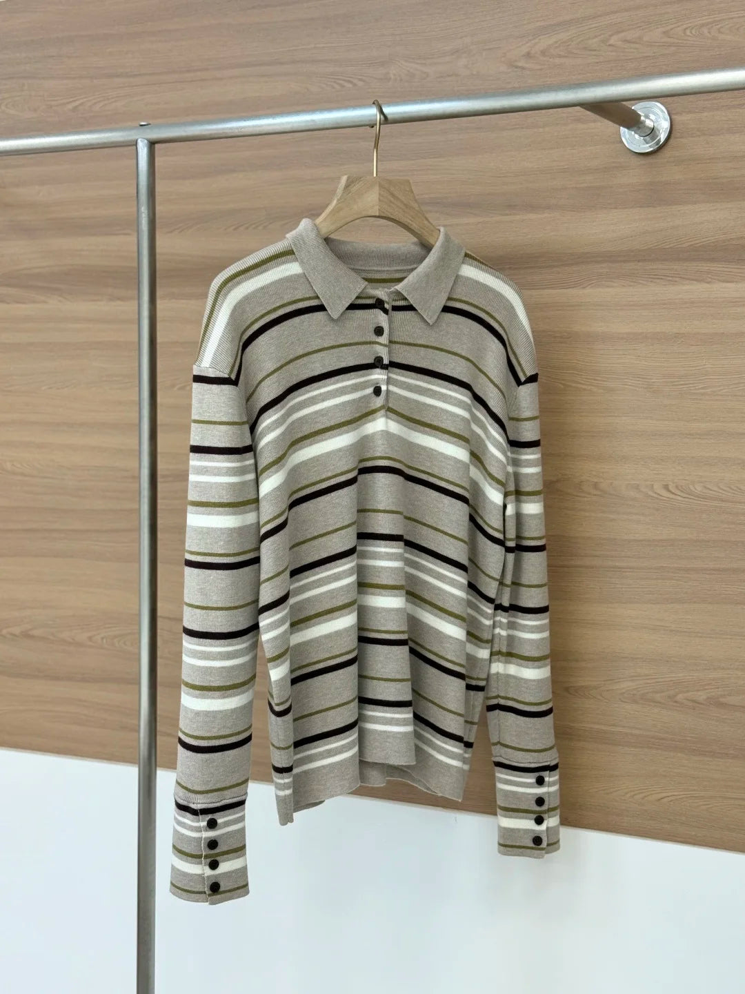 High Quality Women Polo Collar Long Sleeve Knitted Pullover Tops Long Sleeve Elegant Chic Luxury Striped Casual Vintage Sweater