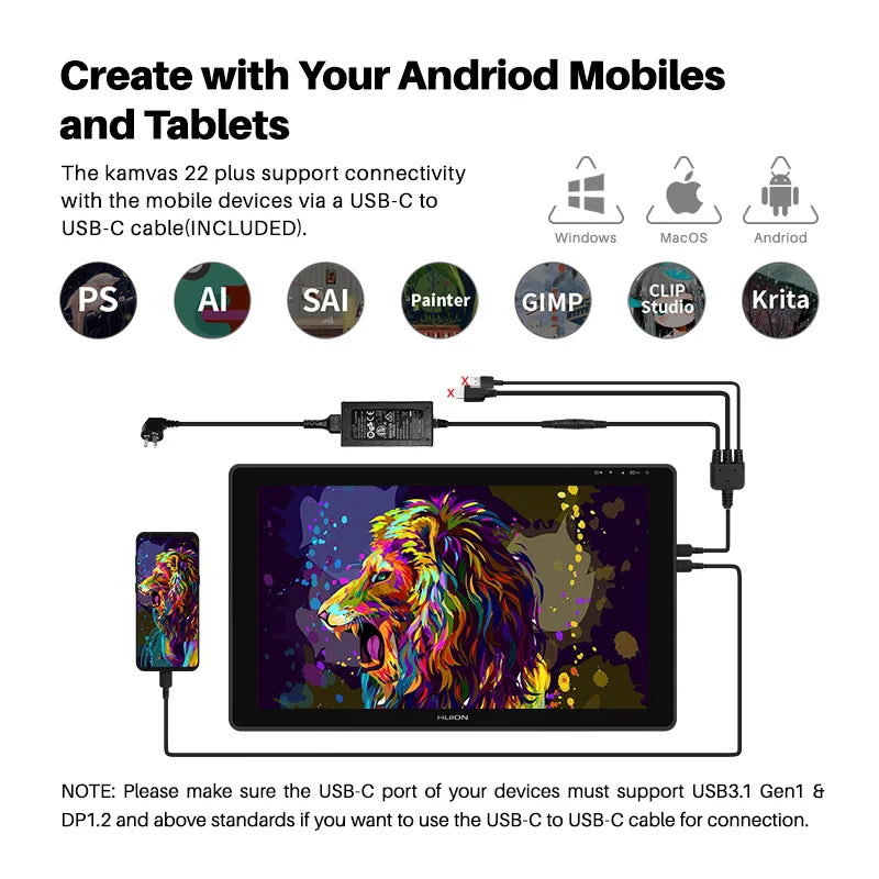 21.5 Inch Huion Graphics Tablet Monitor Kamvas 22 Plus 140%sRGB Drawing Tablet Support Linux MacOS Laotop Android USB3.1 DP1.2