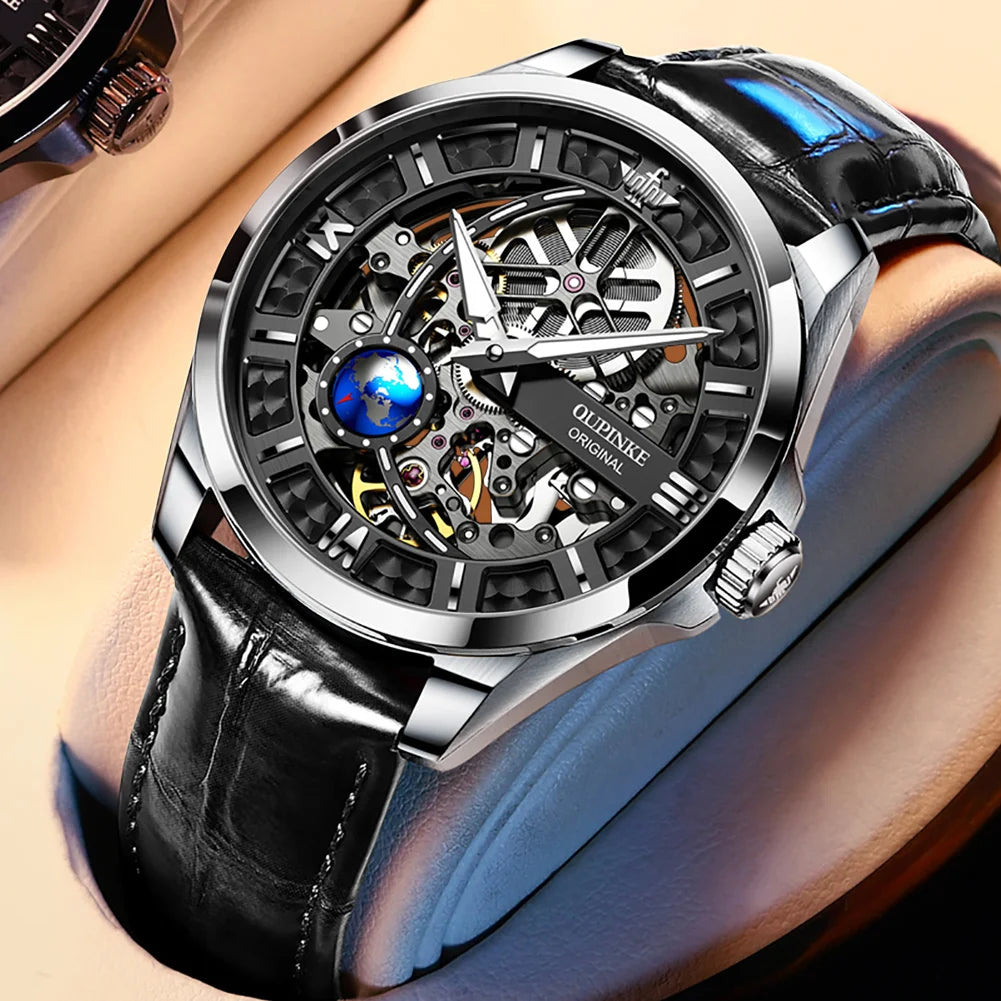 OUPINKE Men's Automatic Mechanical Watch Skeleton Design 50M Waterproof Sapphire Mirror Leather Strap Male Watches 3268