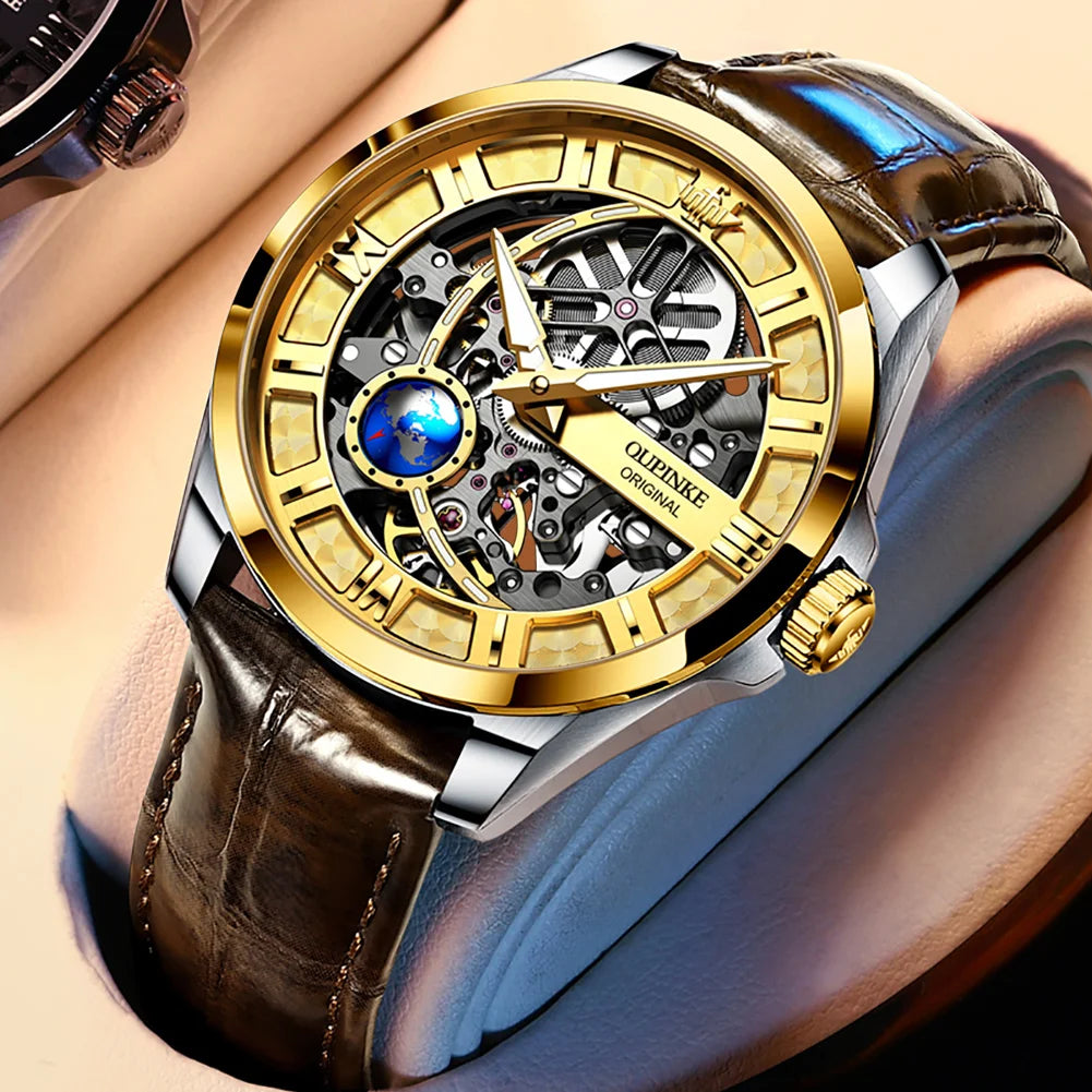 OUPINKE Men's Automatic Mechanical Watch Skeleton Design 50M Waterproof Sapphire Mirror Leather Strap Male Watches 3268