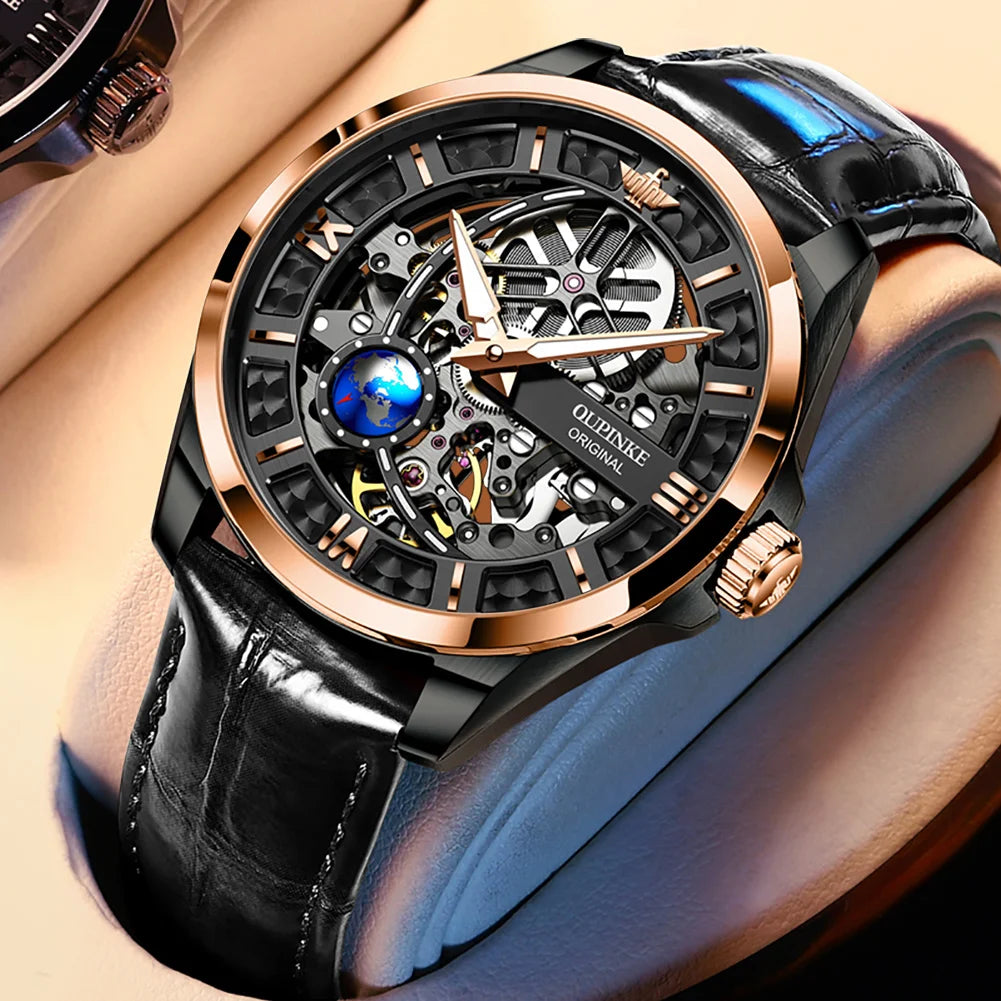 OUPINKE Men's Automatic Mechanical Watch Skeleton Design 50M Waterproof Sapphire Mirror Leather Strap Male Watches 3268