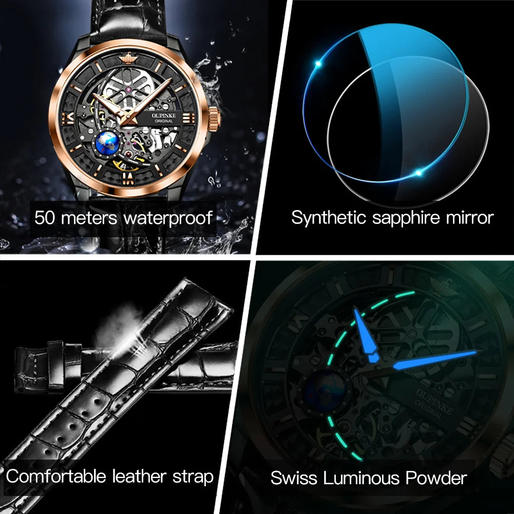 OUPINKE Men's Automatic Mechanical Watch Skeleton Design 50M Waterproof Sapphire Mirror Leather Strap Male Watches 3268
