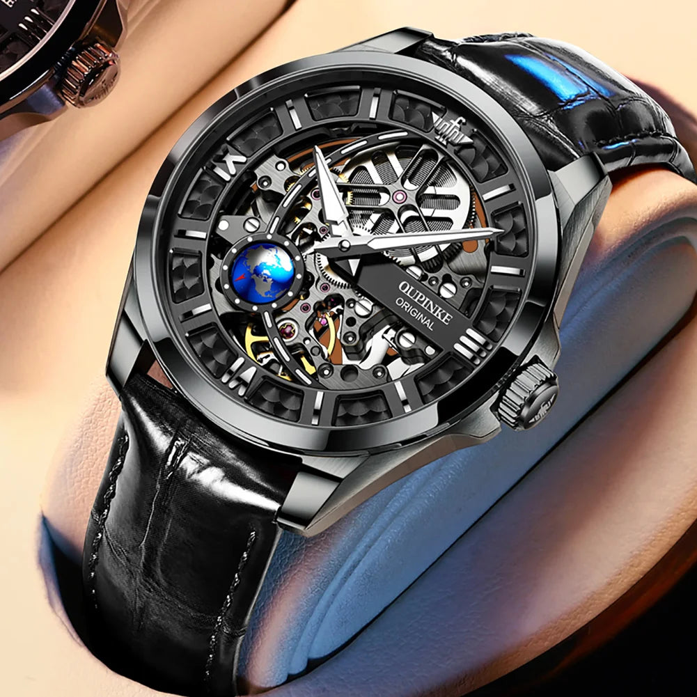OUPINKE Men's Automatic Mechanical Watch Skeleton Design 50M Waterproof Sapphire Mirror Leather Strap Male Watches 3268