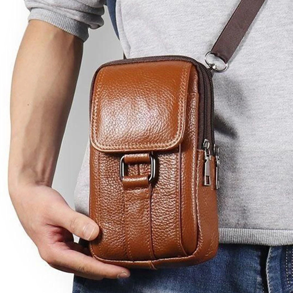 Portable Men Messenger Bags Cowhide Leather Belt Waist Pack Fashion Simple Multi-pockets Casual for Outdoor Sport