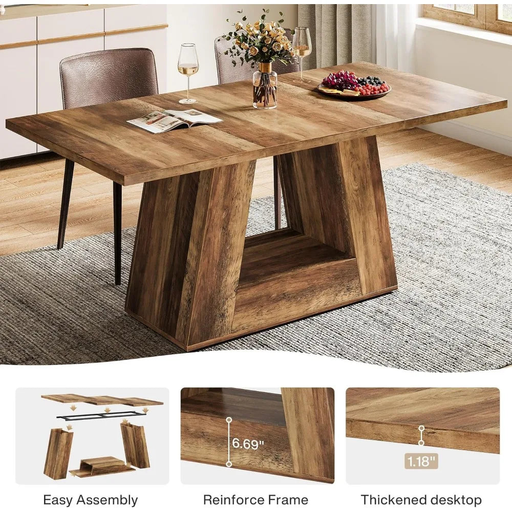 Modern Wooden Faux Marble Rectangular Dining Table for 4-6, Sturdy Base, 63" Length