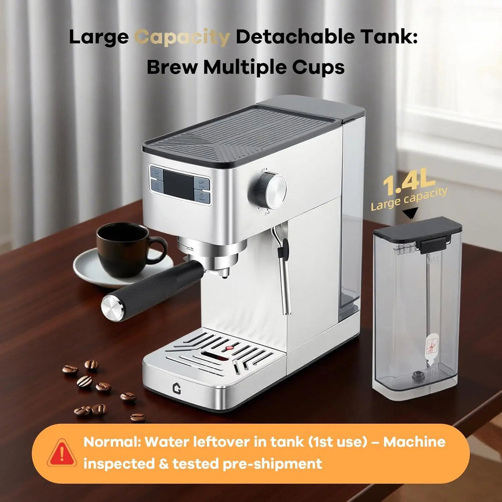 20-Bar Espresso Machine With Steam Milk Frother Stainless Steel 34oz Removable Tank Compact Silver Home Barista Maker