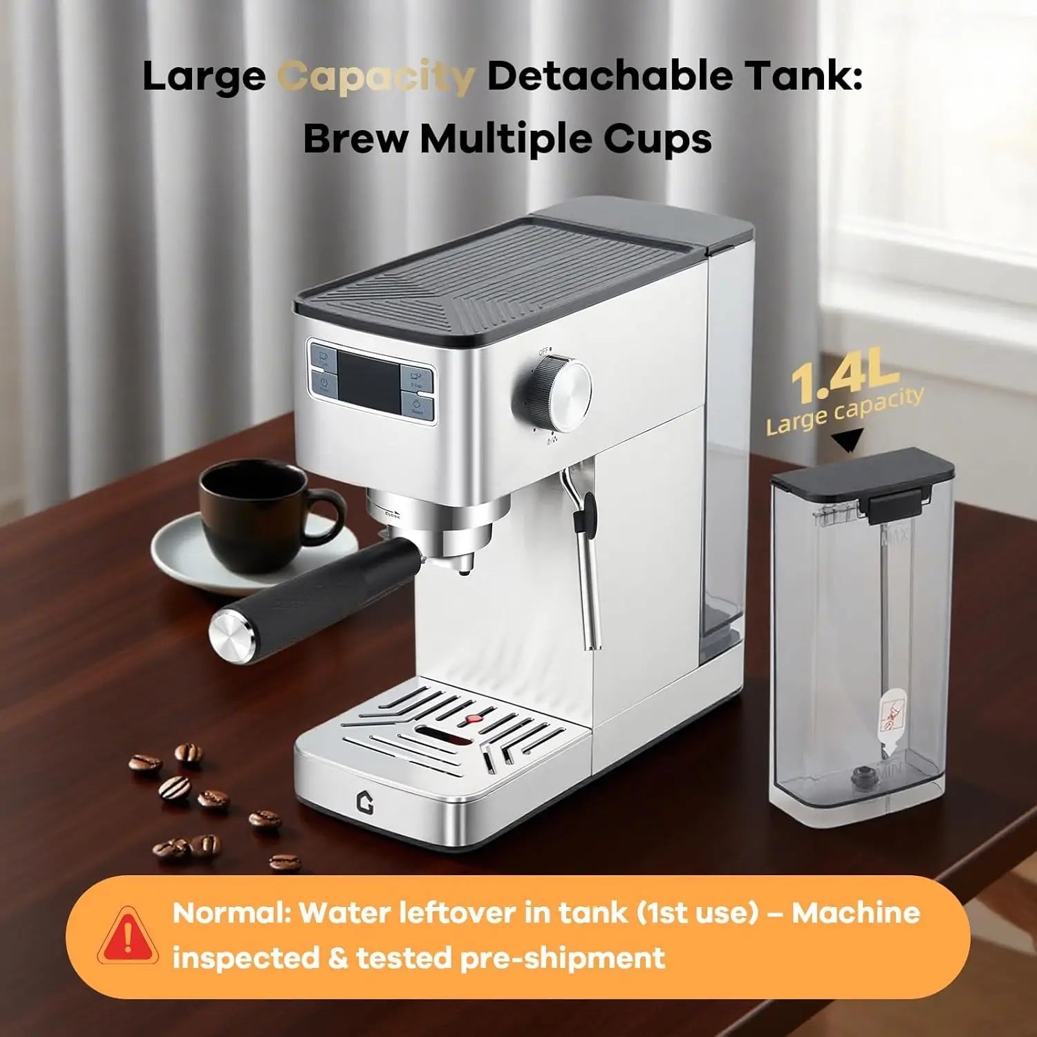 20-Bar Espresso Machine With Steam Milk Frother Stainless Steel 34oz Removable Tank Compact Silver Home Barista Maker