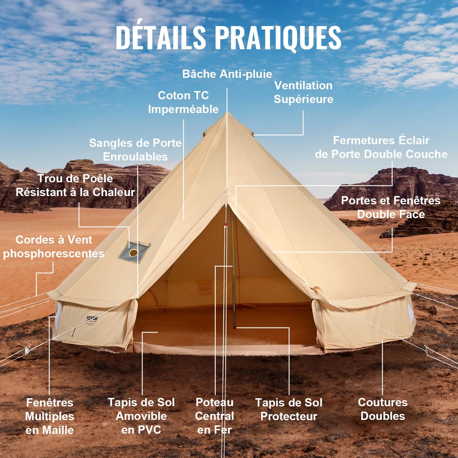 VEVOR Canvas Bell Tent 4 Seasons 3/4/5/6/7m Yurt Tent Canvas Tent for Camping with Stove Breathable Tent Holds up to 8 People