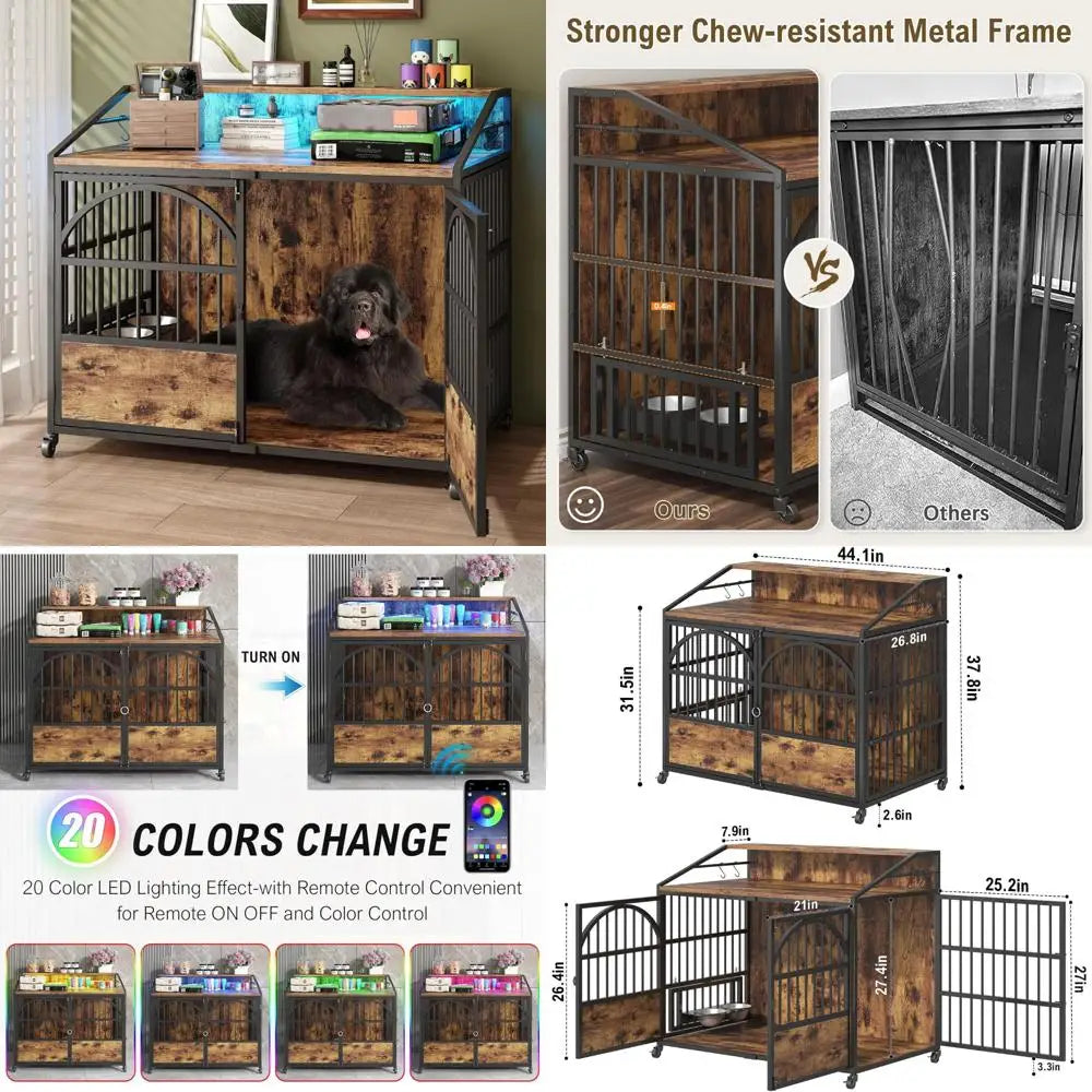 Heavy-Duty 44 Inch Dog Crate with Triple Doors, Stainless Steel Bowls, Lockable Wheels, Wooden Kennel for Large Dogs