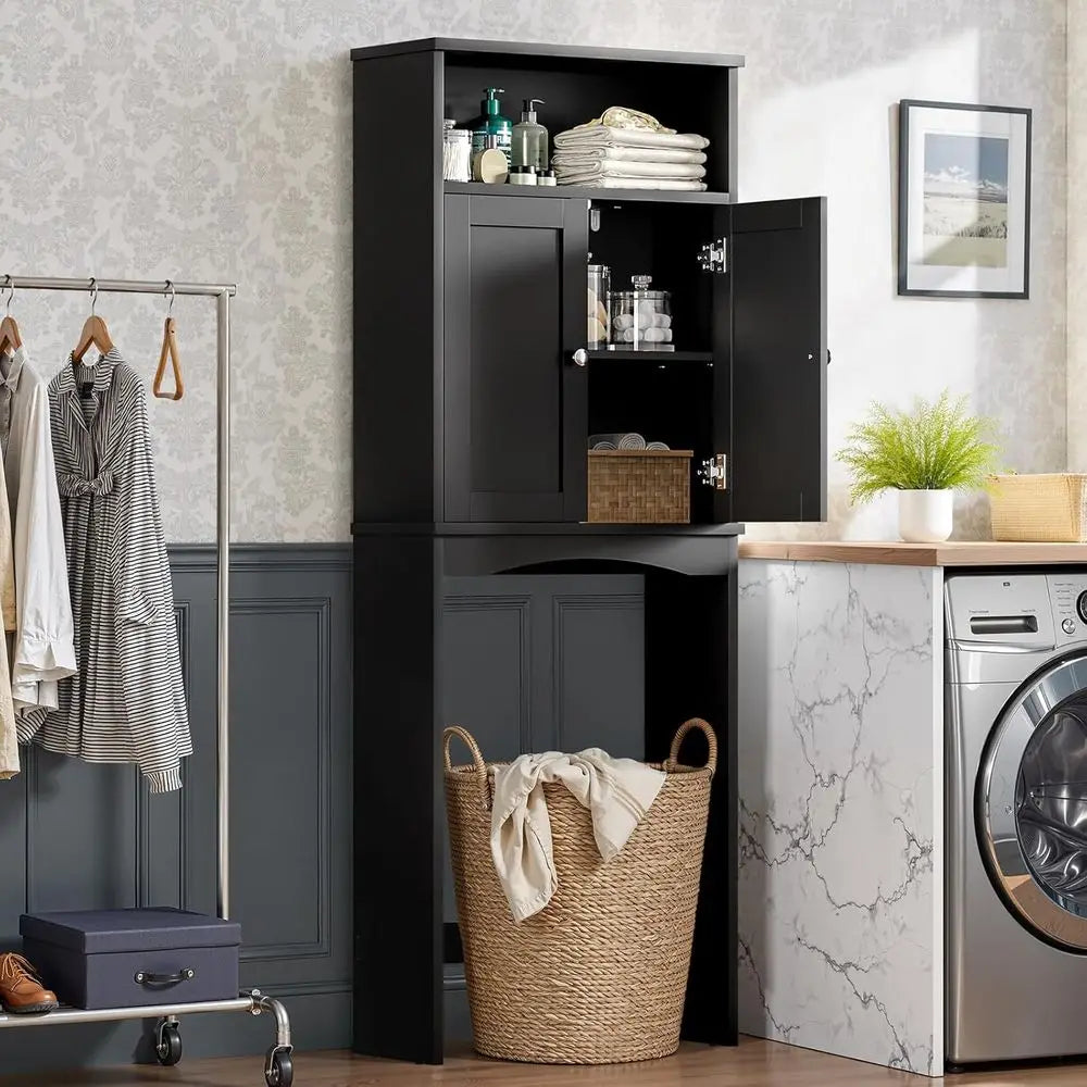 Black Over Toilet Storage Cabinet with Adjustable Shelf and Double Doors for Bathroom Organization