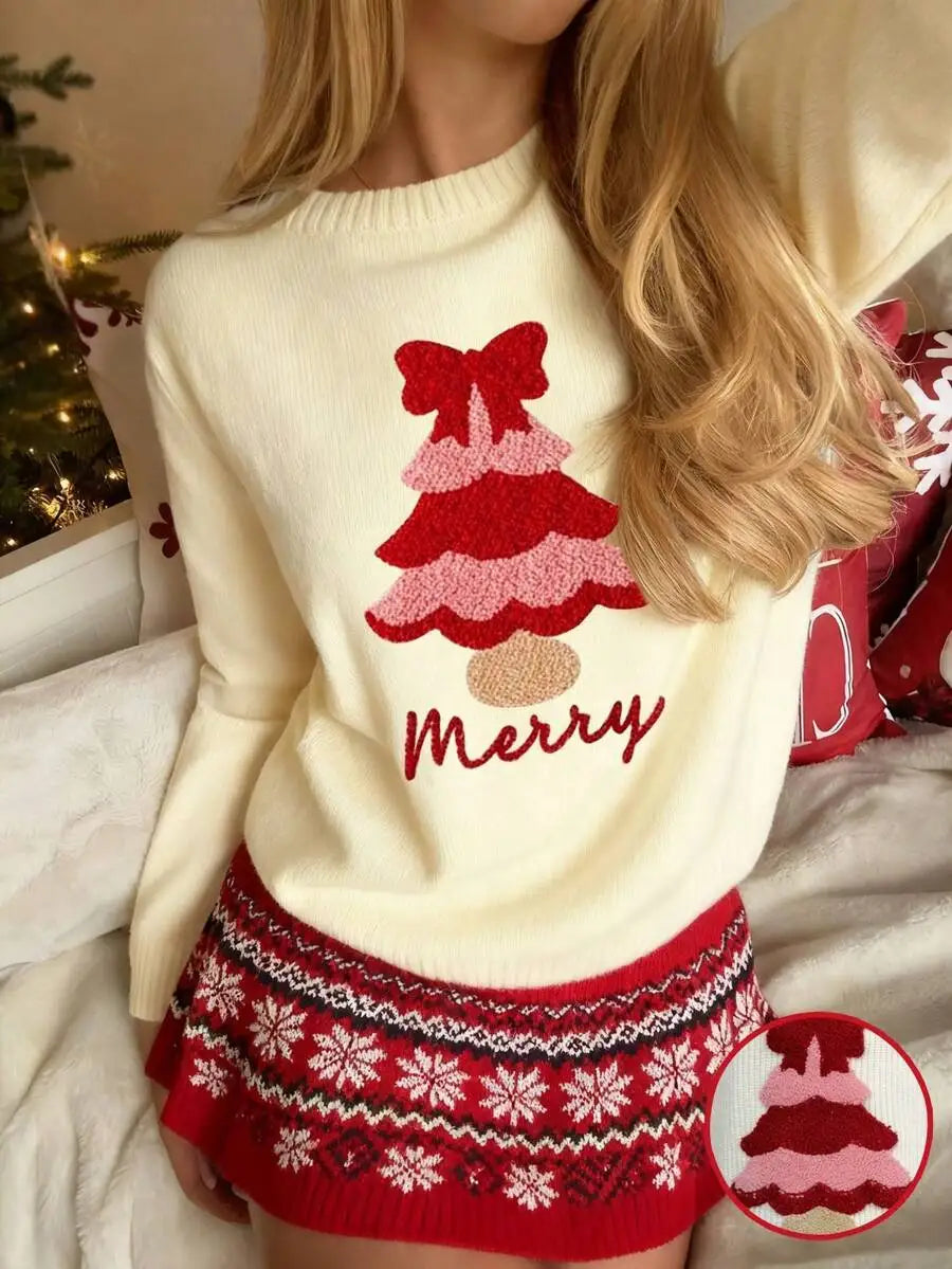 Navy Blue Collegiate Bear Print Pullover Sweater for Women, Autumn Winter Casual Style