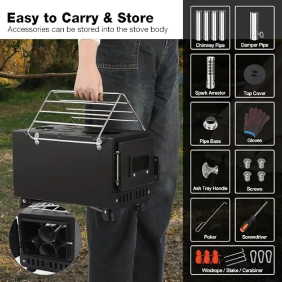 Portable Hot Tent Stove for Camping and Ice Fishing: Durable Alloy Steel Wood Burning Stove with Stainless Steel Sectional Chim