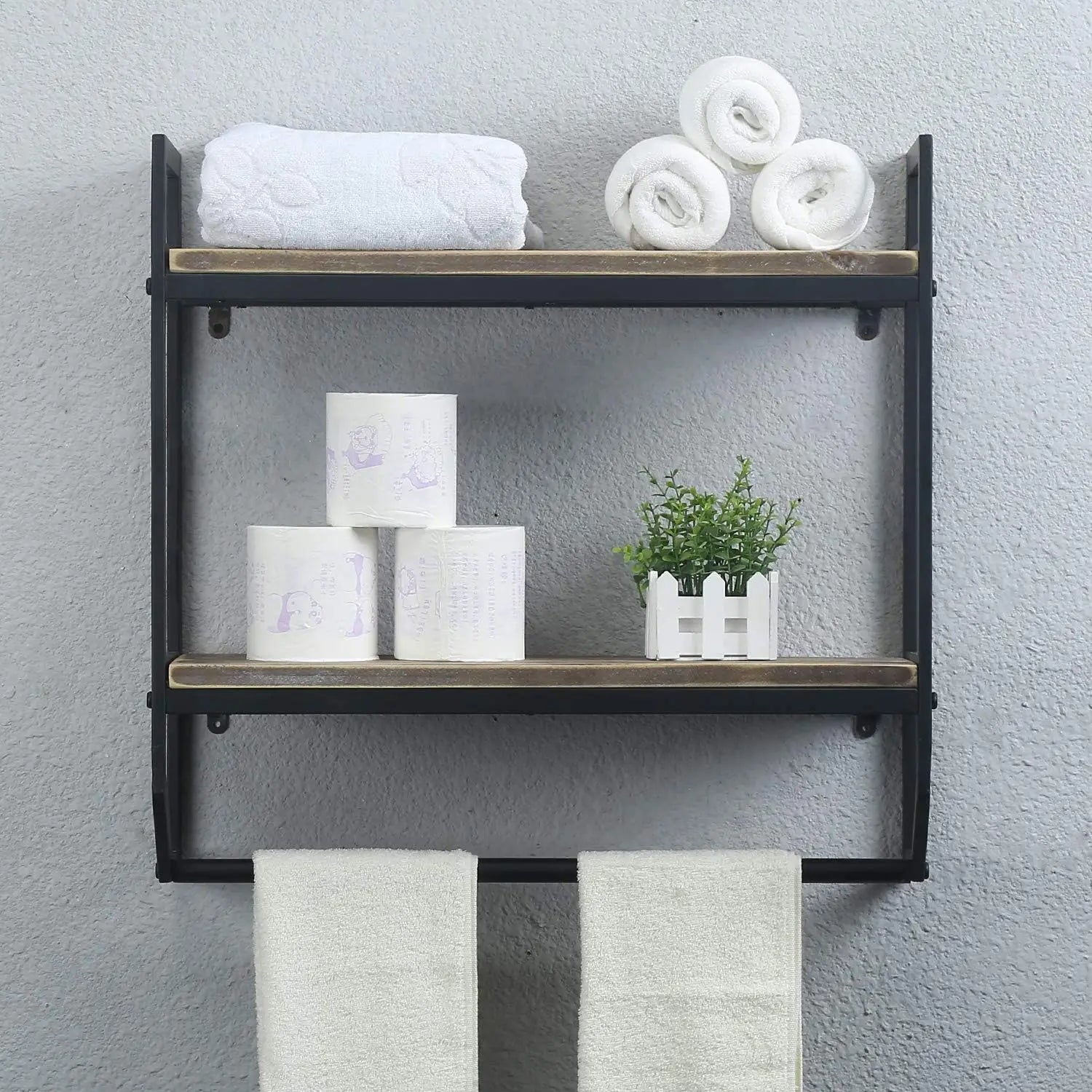 2-Tier Black Towel Rack with Shelves, Wall Mounted Bathroom Storage Over Toilet, Rustic Floating Utility Holder