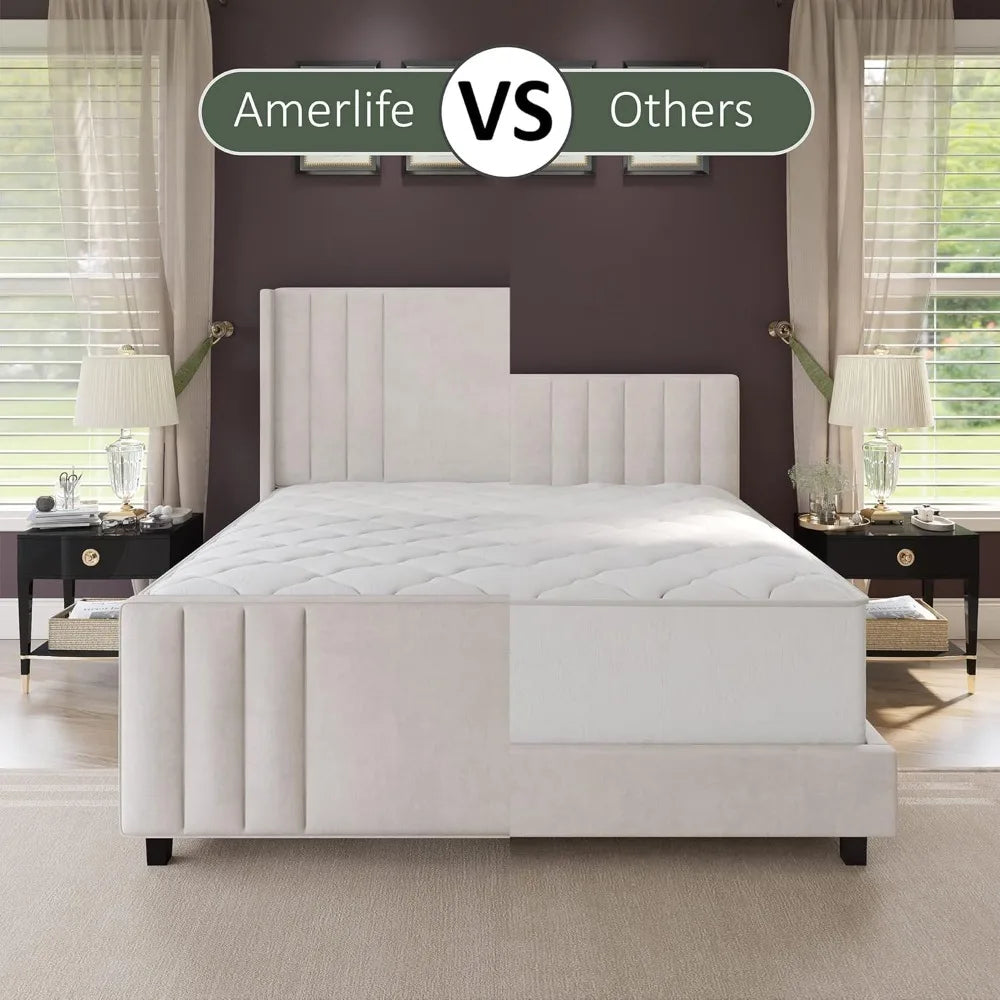 Queen Size Bed Frame, Velvet Upholstered Platform Bed with Vertical Channel Tufted Headboard & Footboard/Wingback, Matt