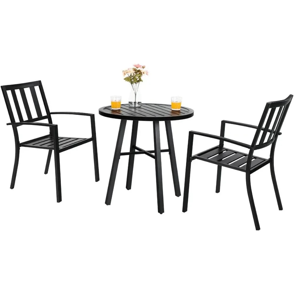 3 Piece Outdoor Patio Bistro Dining Set, Slatted Metal Round Table & 2 Patio Chairs, Outdoor Furniture Set for Porch