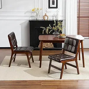 Oak Wooden Dining Chairs Set of 2, Mid-Century Modern Linen Fabric Upholstered Kitchen Chair, Farmhouse Dining Room Chairs with