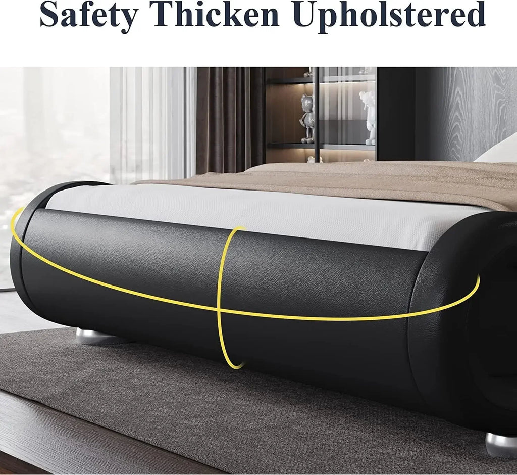 Large bed frame, ergonomic, adjustable headboard, low profile modern cushioned platform sled design - easy to assemble, black