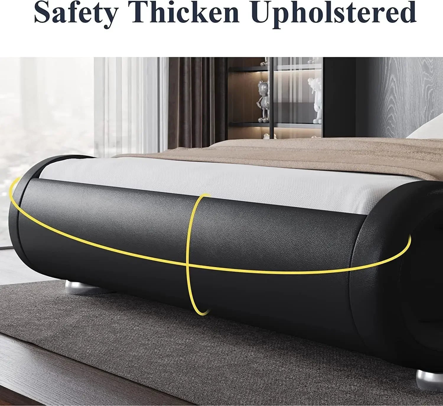 Large bed frame, ergonomic, adjustable headboard, low profile modern cushioned platform sled design - easy to assemble, black