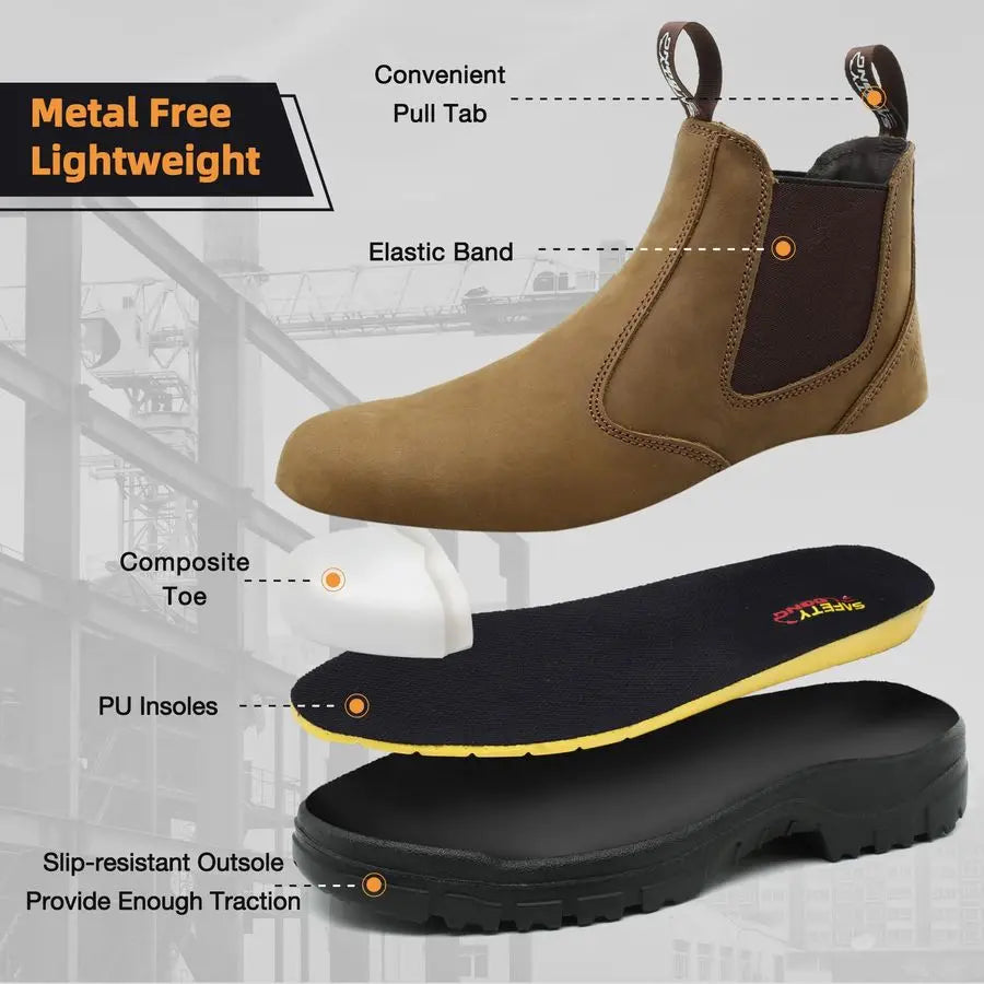 on Work Boots for Men Women Composite Toe Comfort Leather Abrasion Puncture Slip Resistant Sole Safety Chelsea