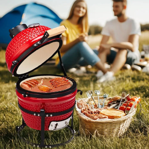 13 Round Kamado Charcoal Grill Portable Ceramic Barbecue Grill with Built-in Thermometer for Versatile Cooking Methods Includin