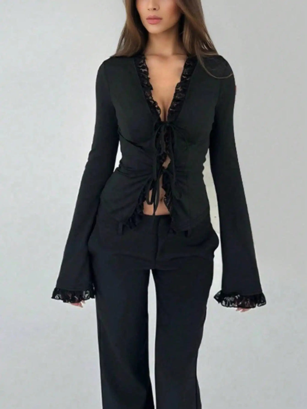 Gala-Ready Ruffle Sleeve Blouse - Fall Sexy V-Neck Blouse - Ruffled Bell Sleeve & Tie Detail Slim Fit Shirt