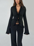 Gala-Ready Ruffle Sleeve Blouse - Fall Sexy V-Neck Blouse - Ruffled Bell Sleeve & Tie Detail Slim Fit Shirt