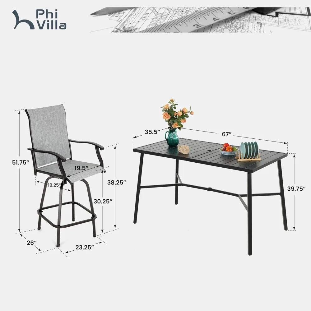 7 Piece High Top Patio Bar Set, Outdoor Bar Height Table and Chairs Dining Furniture Set with 6 Outdoor Swivel Bar Stools Grey