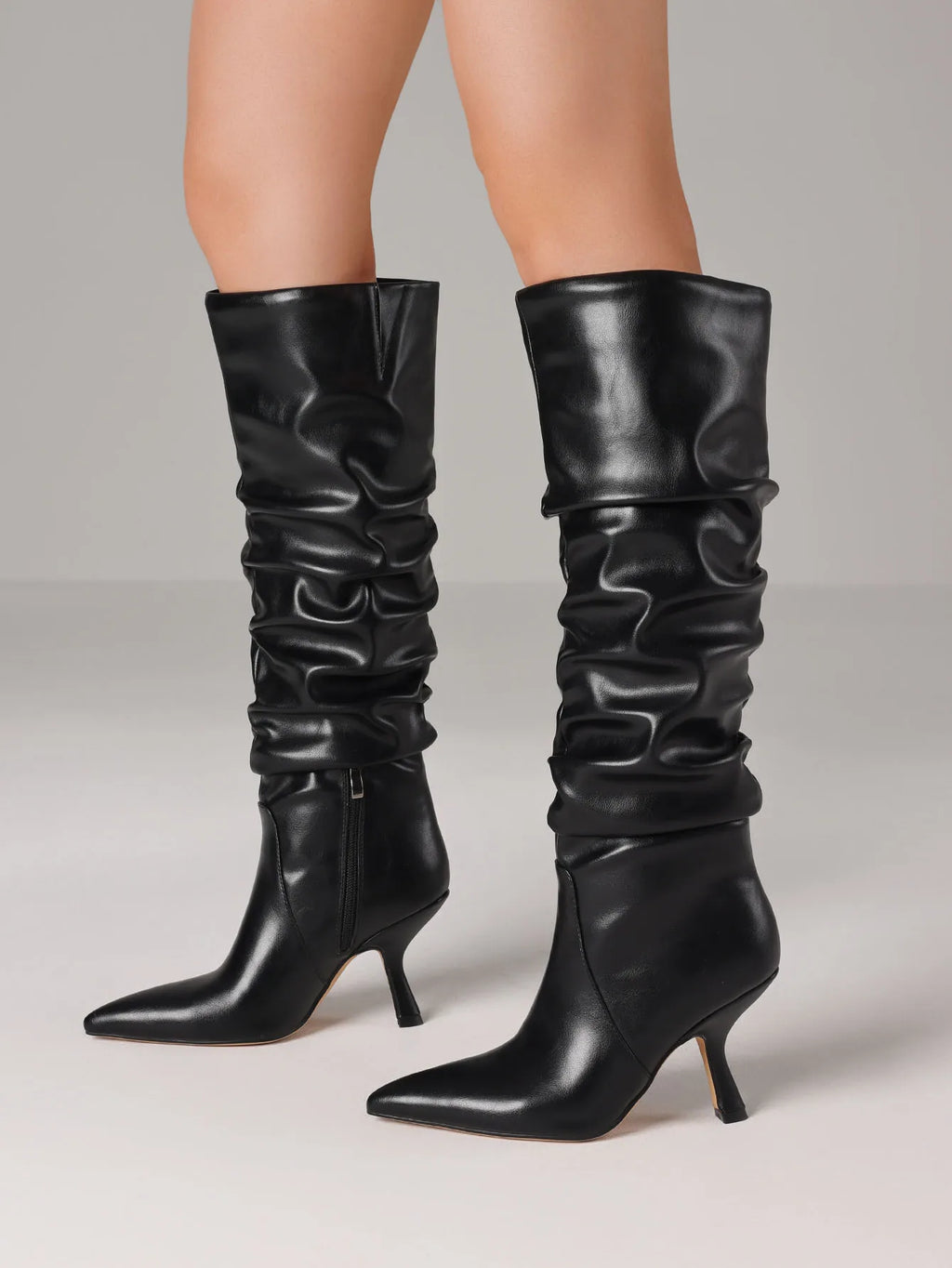 Women's Slouchy Knee High Boots Pointed Toe Stiletto High Heels Wrinkled Pleated Side Zipper Pull On Party Dress Sexy Fall Boots