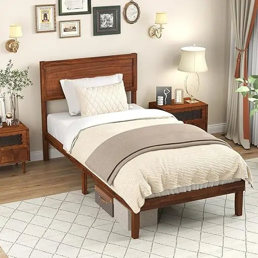 Wood Bed Frame with Headboard,Solid Acacia Platform Bed Frame,Slats Supported Bed Base with Under-Bed Storage Space,Customized