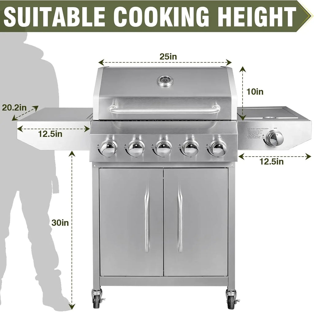 68,000 BTU 5+1 Burner Propane Grill - Stainless Steel BBQ with 647 sq in UPGRADED OIL-DRAIN Plates, Cast Iron Grates, Side Burne