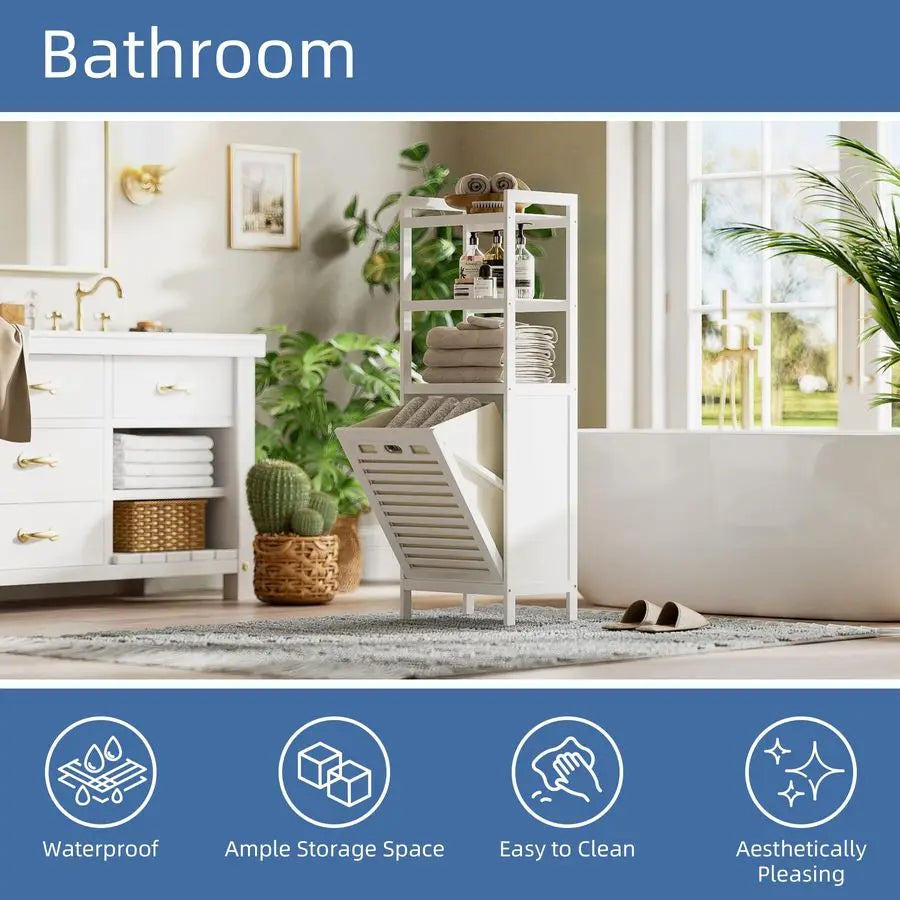Bamboo Tilt Out Hamper, Bathroom Laundry Cabinet with Hidden Foldable Basket, Freestanding Clothes Storage Organizer with Storag