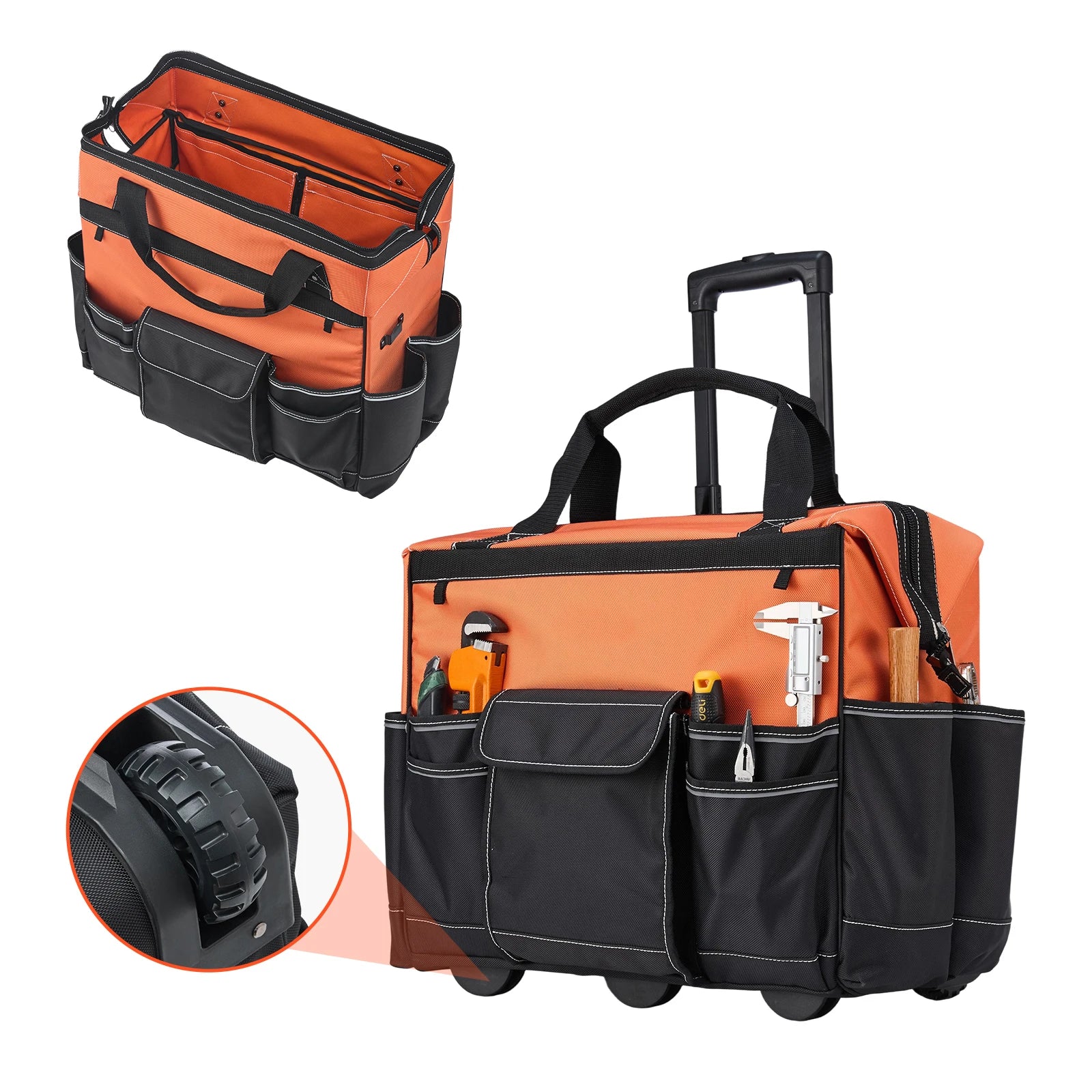 SucceBuy 110 lbs Rolling Tool Bag 27 Pockets Roller Tool Bag on Wheels with Adjustable Telescoping Handle for Construction Tools