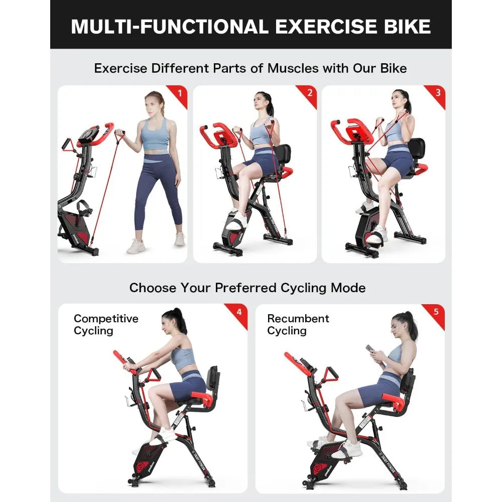 Folding exercise bike, fitness stationary bike, grade 8 adjustable resistance, back support pad for home gym workouts
