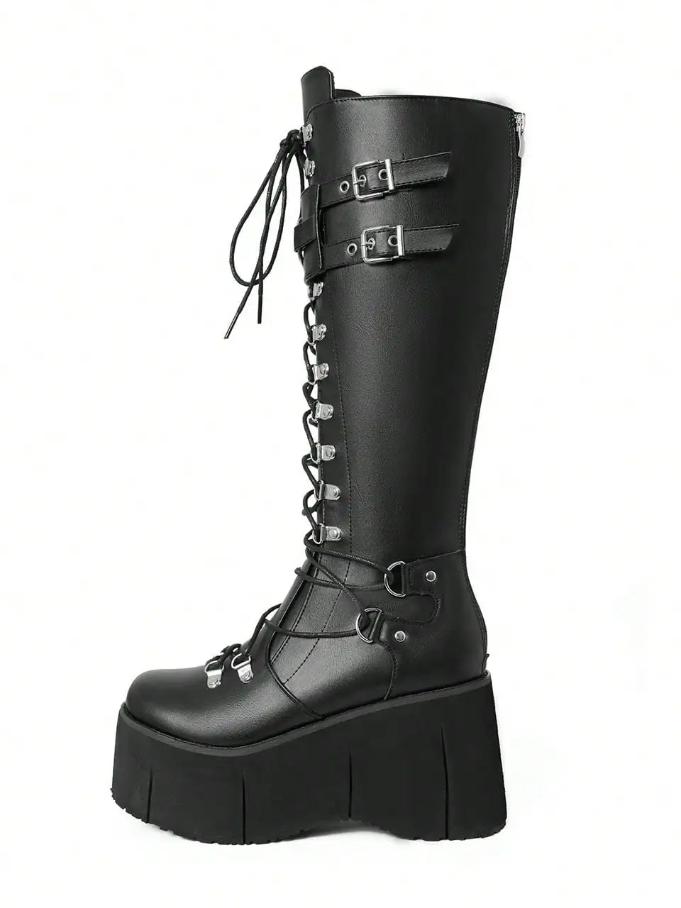 Women Gothic Punk Knee High Boots Wedges High Heel Platform Halloween Motorcycle Shoes Luxury Long Booties