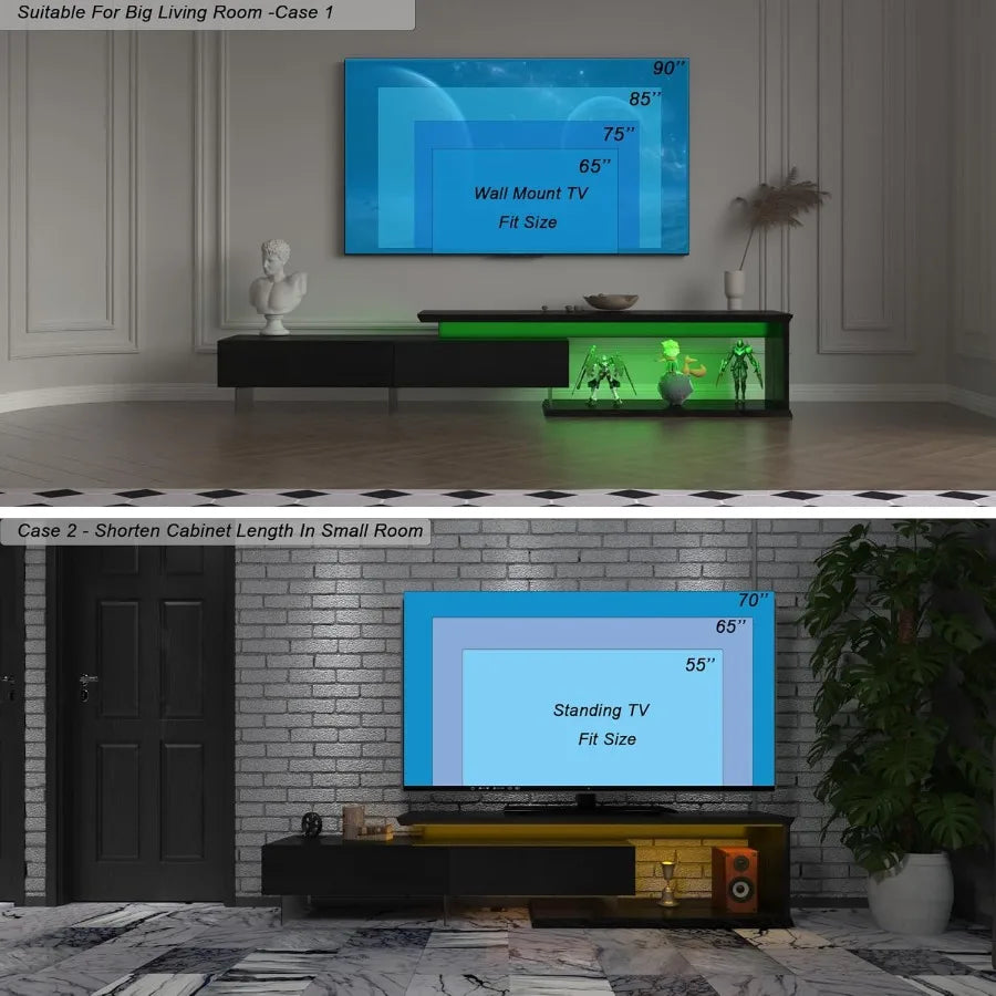 Extendable TV Stand for 55 65 75 85 Inch TV Modern Entertainment Center with Light Strip Fits 60 70 80 90 Inch TVs Black Consol