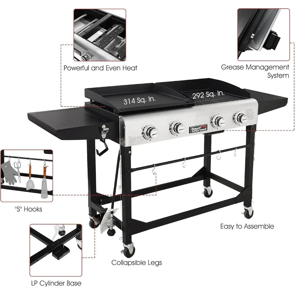 GD401C 4-Burner Propane Gas Grill and Griddle Combo with Cover, Griddle Grill Combo with 48,000 BTUs Output for Outdoor Cooking